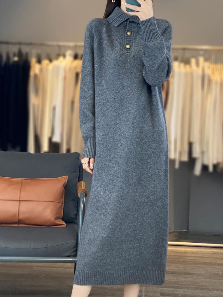 Women's 2024 Japanese Knit Polo Collar Wool Dress with Coat - Knee-Length, Thick and Stylish for Winter