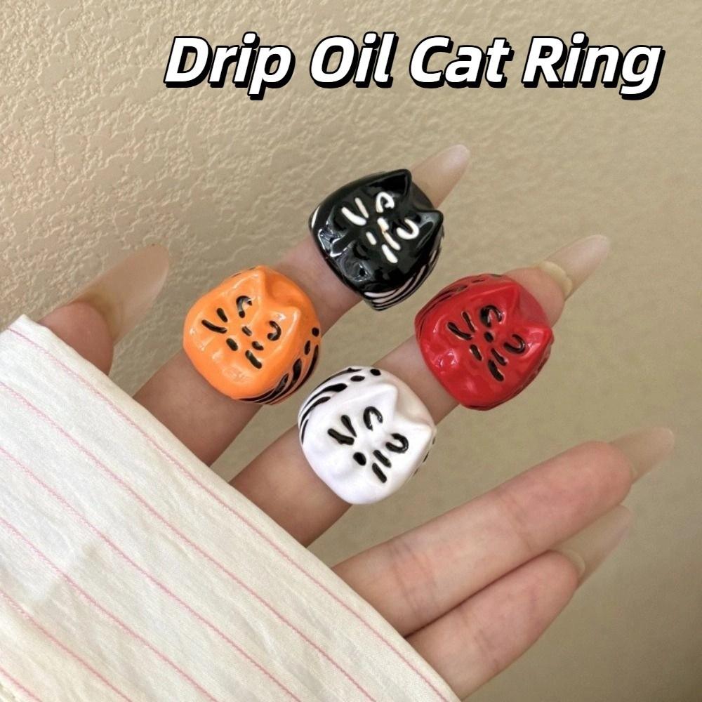 Korean Style Painting Ring Geometric Chunky Enamel Ring Personality Drip Oil Cat Ring  Men