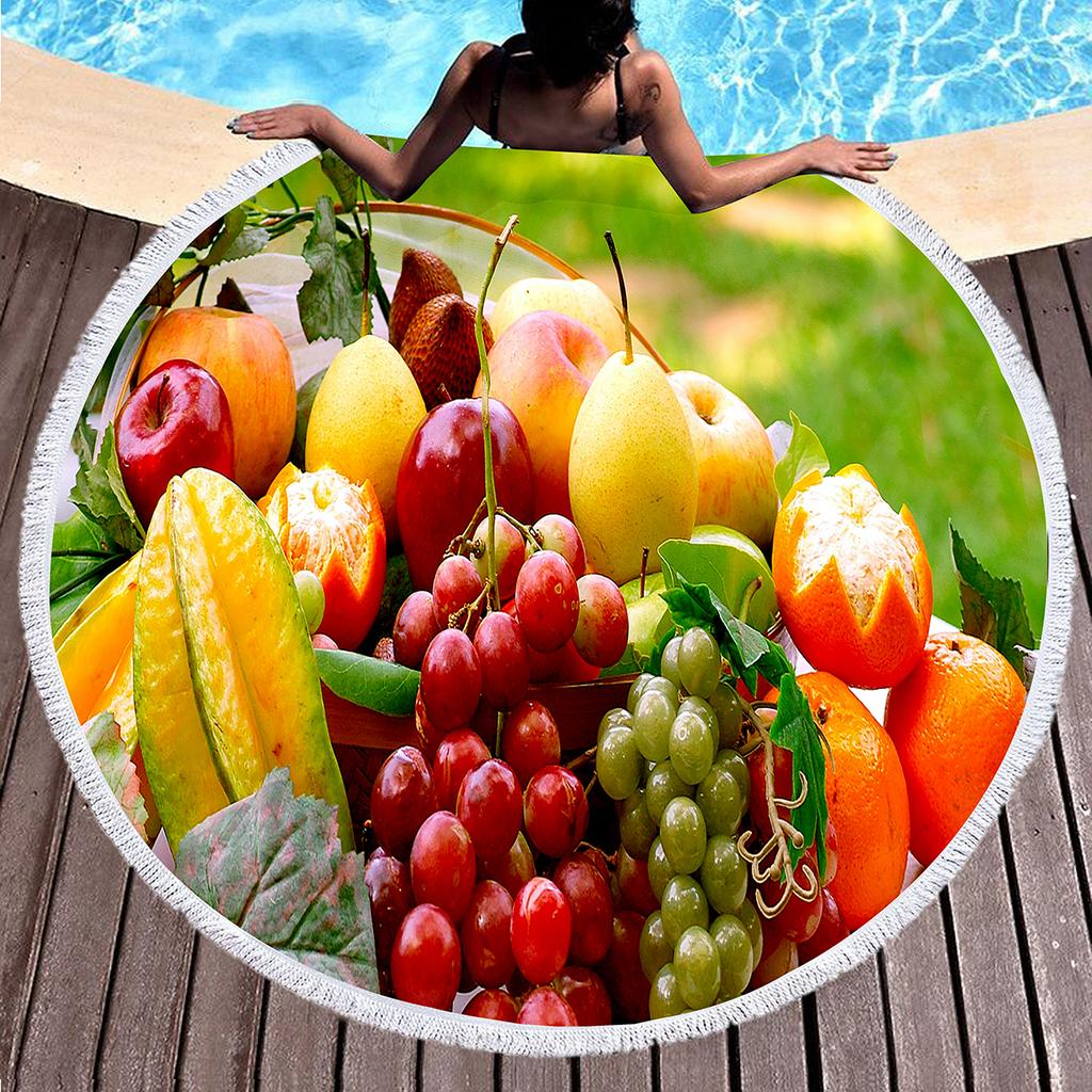Summer Tropical Fruit Round Beach Towel Delicious Hawaii Fruits Sandproof Beach Blanket Soft Quick Dry Towel Portable Picnic Mat