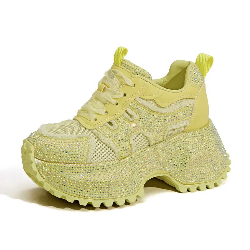 

8.5CM Air Mesh Microfiber Leather Fashion Spring Summer Casual Chunky Sneaker Lace Up High Brand Comfy Booties Bling Shoes Women 39