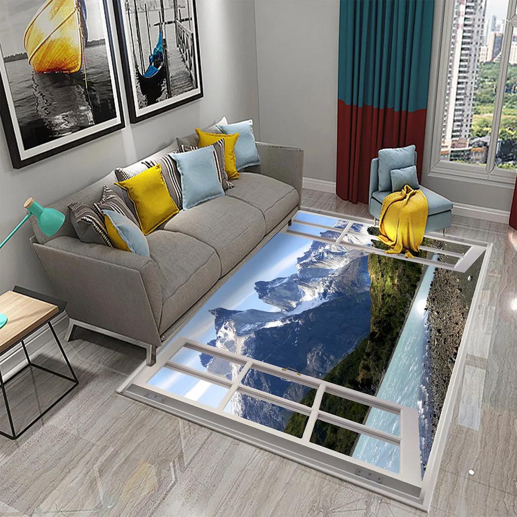 Tapete 3D Moderno Cenário de Janela Bela Vista Fora da Janela Tapetes Cozinha Banheiro Tapete Antiderrapante Sala de Estar Quarto Decoração Tapetes