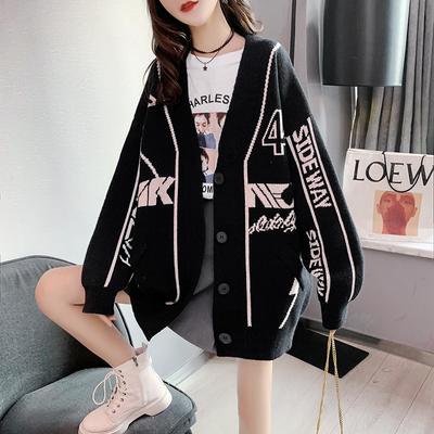 Women Sweater Loose Ladies Coat V-neck Fashion Figure Print  Long Sleeve Casual Cardigan Mid-length Tops Female Knitted Jacket