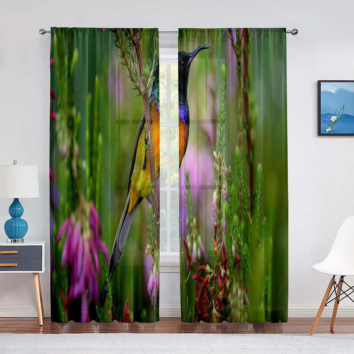 Тюлевые прозрачные шторы с милой синей птицей на ветке дерева для гостиной — фото 12