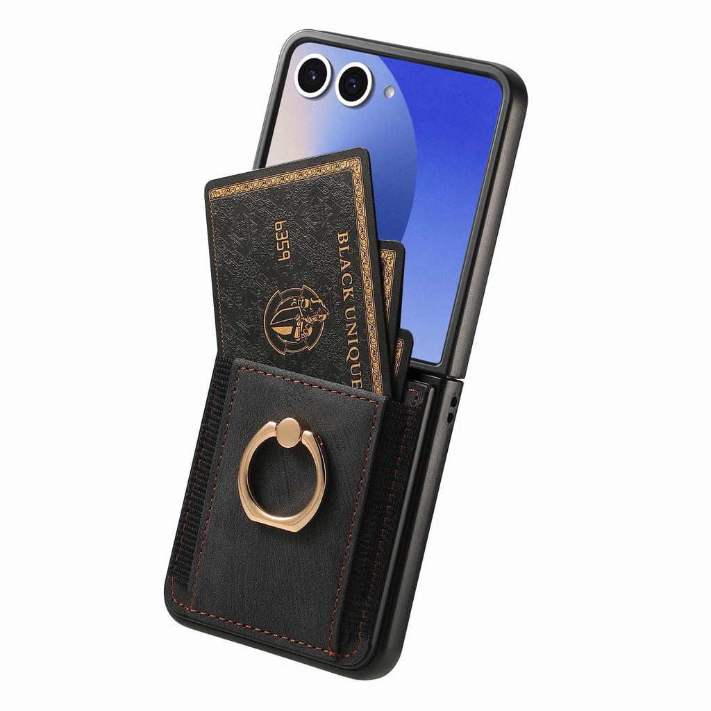 Samsung Z Flip 7 FE Leather Ring Wallet Case with Card Holder and Stand