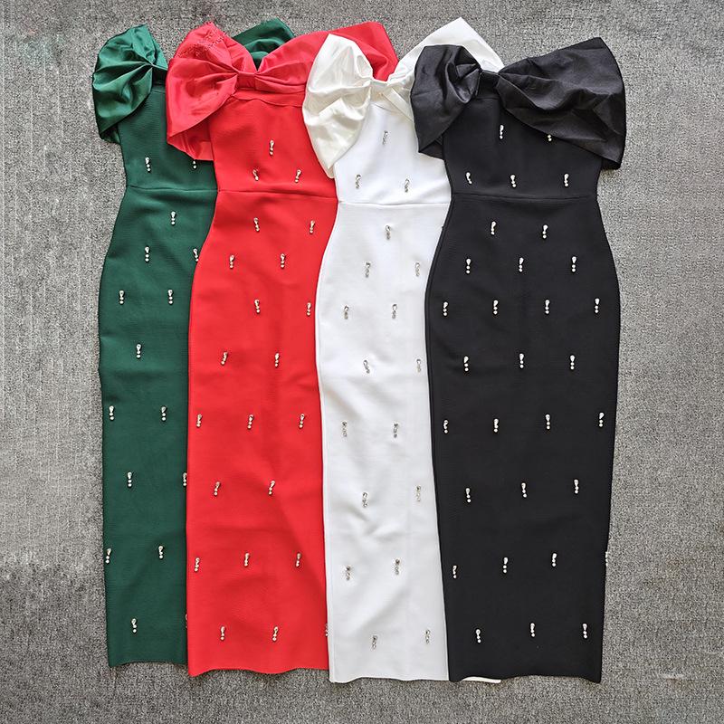 European & American Off-Shoulder Luxury Studded Bandage Evening Dress