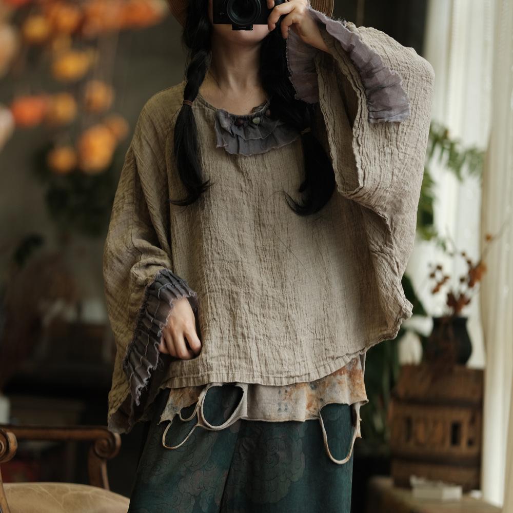 Johnature Vintage Women Patchwork T-Shirts O-Neck Long Sleeve Autumn Loose Chinese Style Female T-Shirts