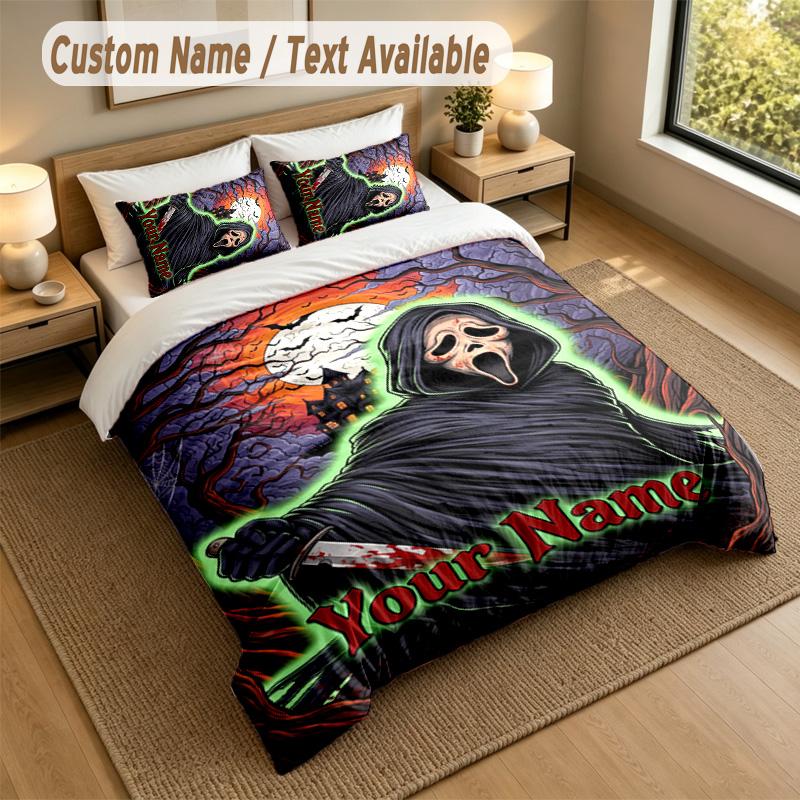 3Pcs Bedding Set Custom Name Text, 1 Sheet 2 Pillowcases Home Bed DecorScream Ghostface