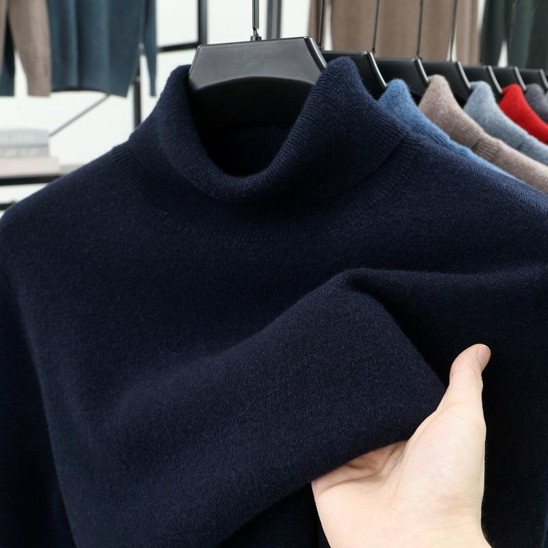 Men's 100% Pure Wool High Neck Loose Sweater - Warm, Thick Autumn/Winter Base Layer 