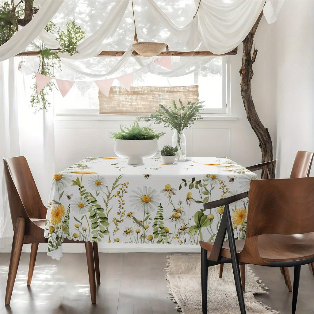 Spring Daisy Flowers Eucalyptus Leaf Tablecloth for Table Decor Summer Yellow White Floral Dining Table Cloth Wedding Decoration