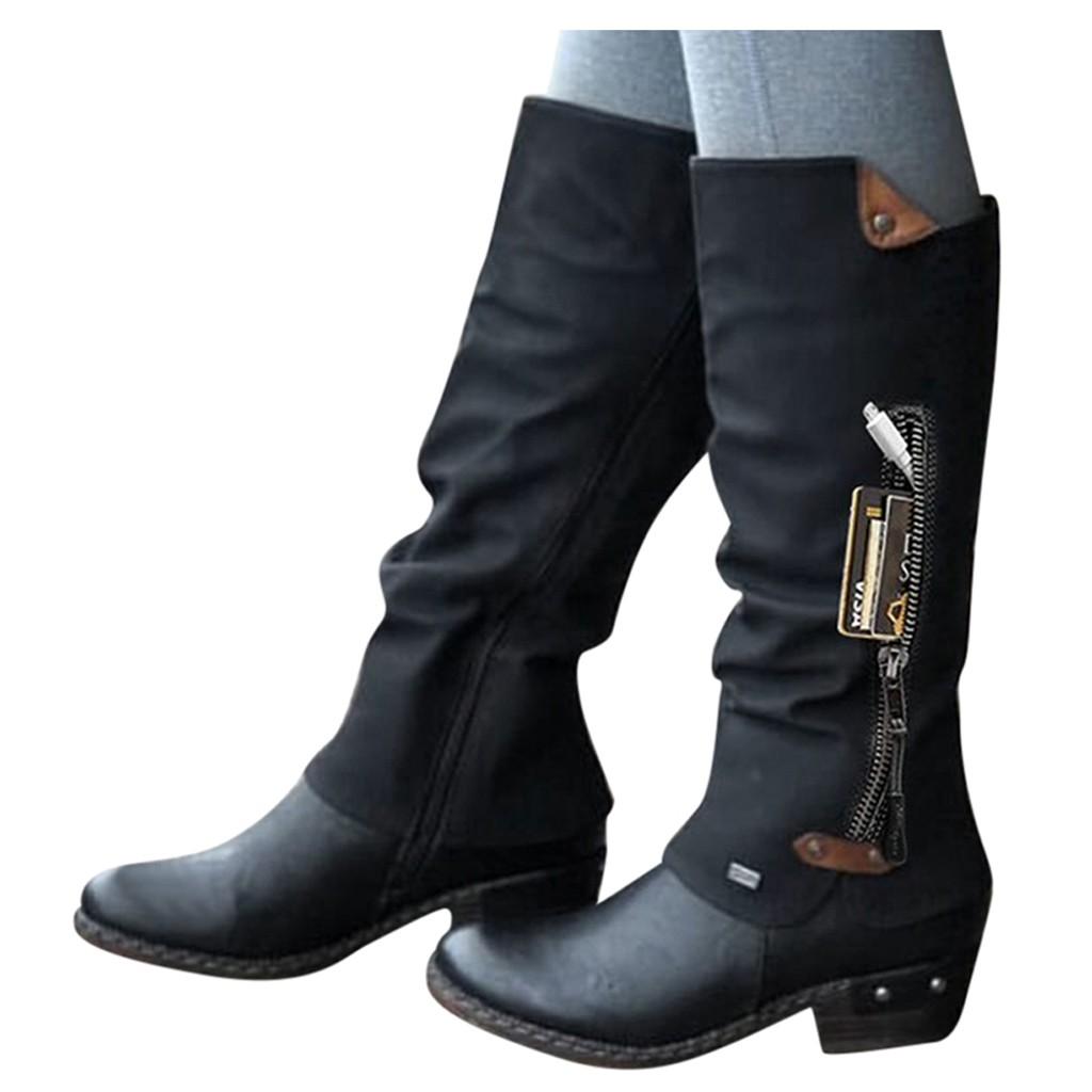 Женские однотонные высокие сапоги на квадратном каблуке с застежкой-молнией — фото 8