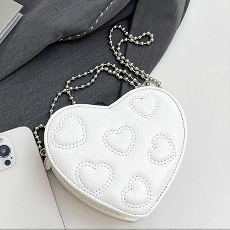 Modern Heart Detailing Women's Small Crossbody Bag PU Leather Lightweight Evening Purse With Chain Strap  White