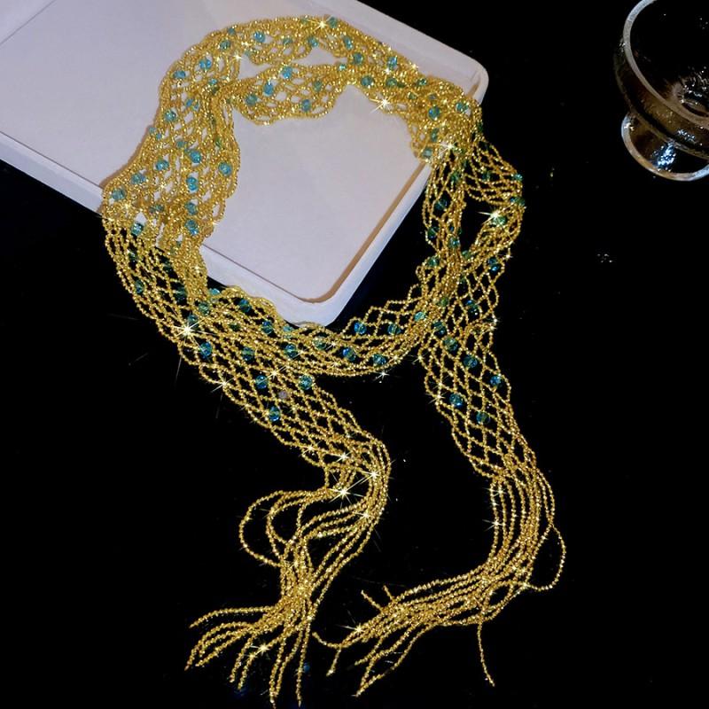 Elegant Crystal Beaded Tassel Pendant Necklace Women Gold Blue Boho Chic Long Chain Statement Jewelry