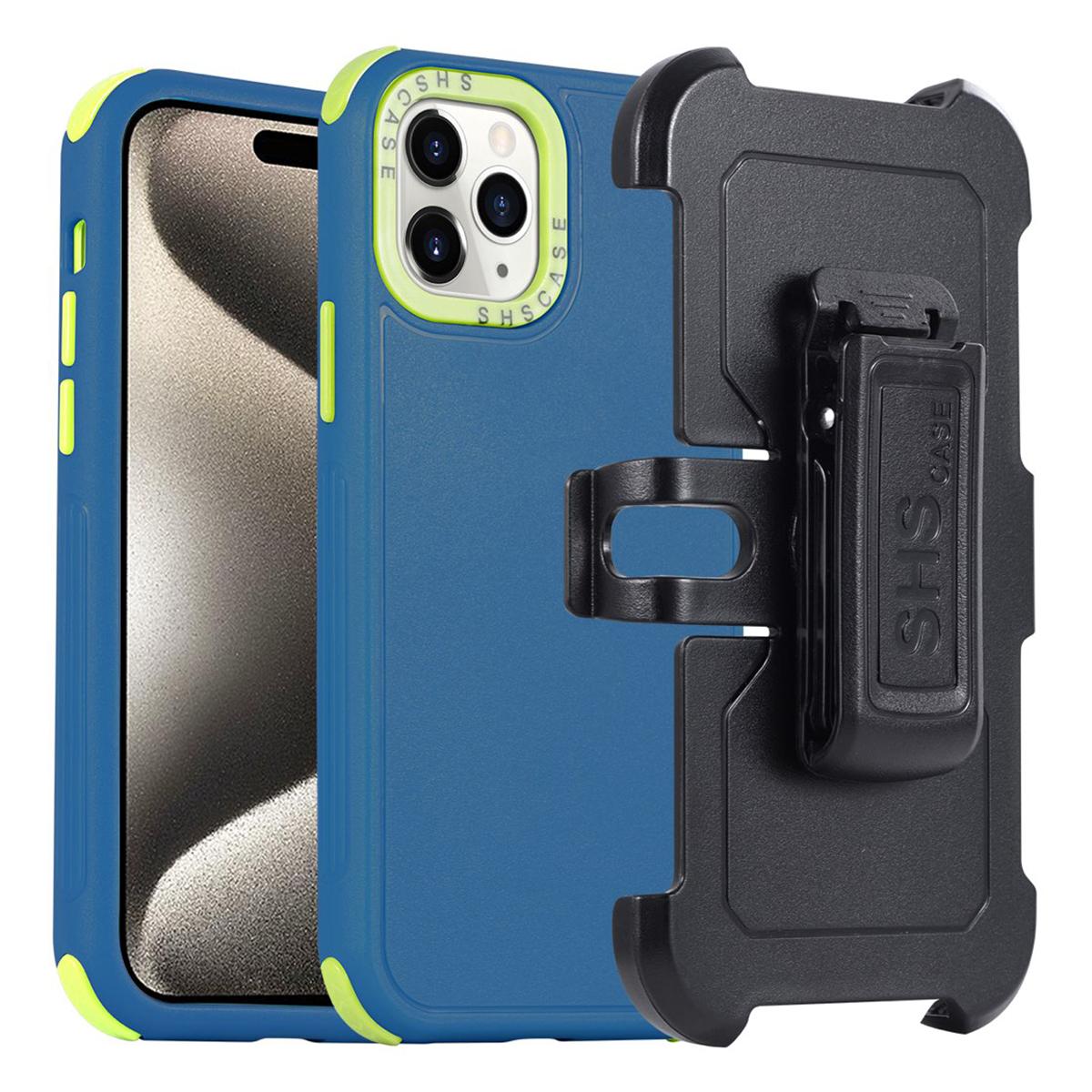 

For iPhone 15 Pro Max Belt Clip Phone Case TPU+PC Kickstand Shockproof Cover Blue+Green