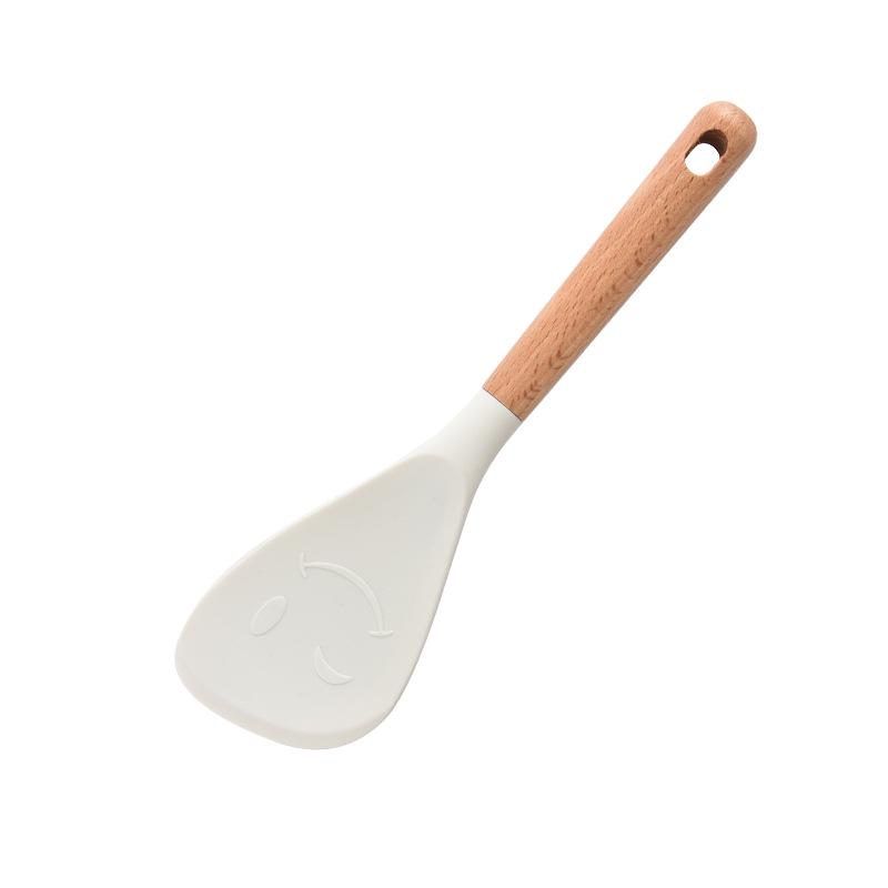 Heat-Resistant Silicone Kitchenware Set: Spatula, Soup Ladle, Slotted Spoon, Rice Spoon, Frying Pan Scraper, Oil Brush, and Flour Grabber.