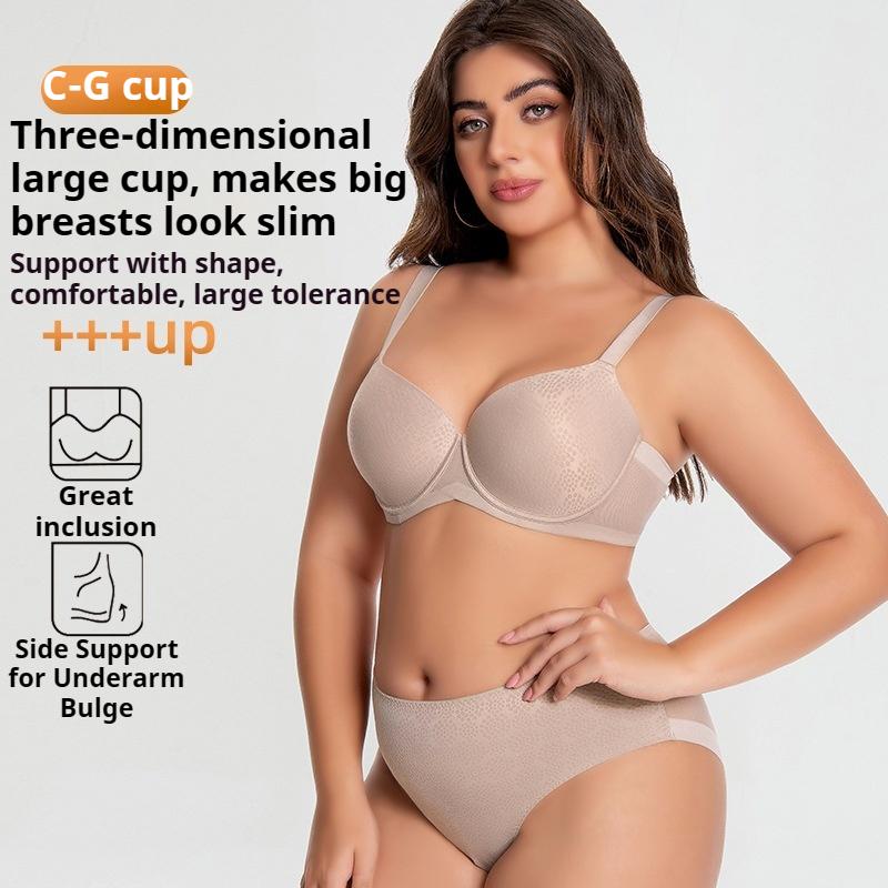 Large Breasts Make You Look Smaller and Prevent Sagging Plus-size Gathered Breathable Full-cup Bra Set with Light and Comfortable Panties.