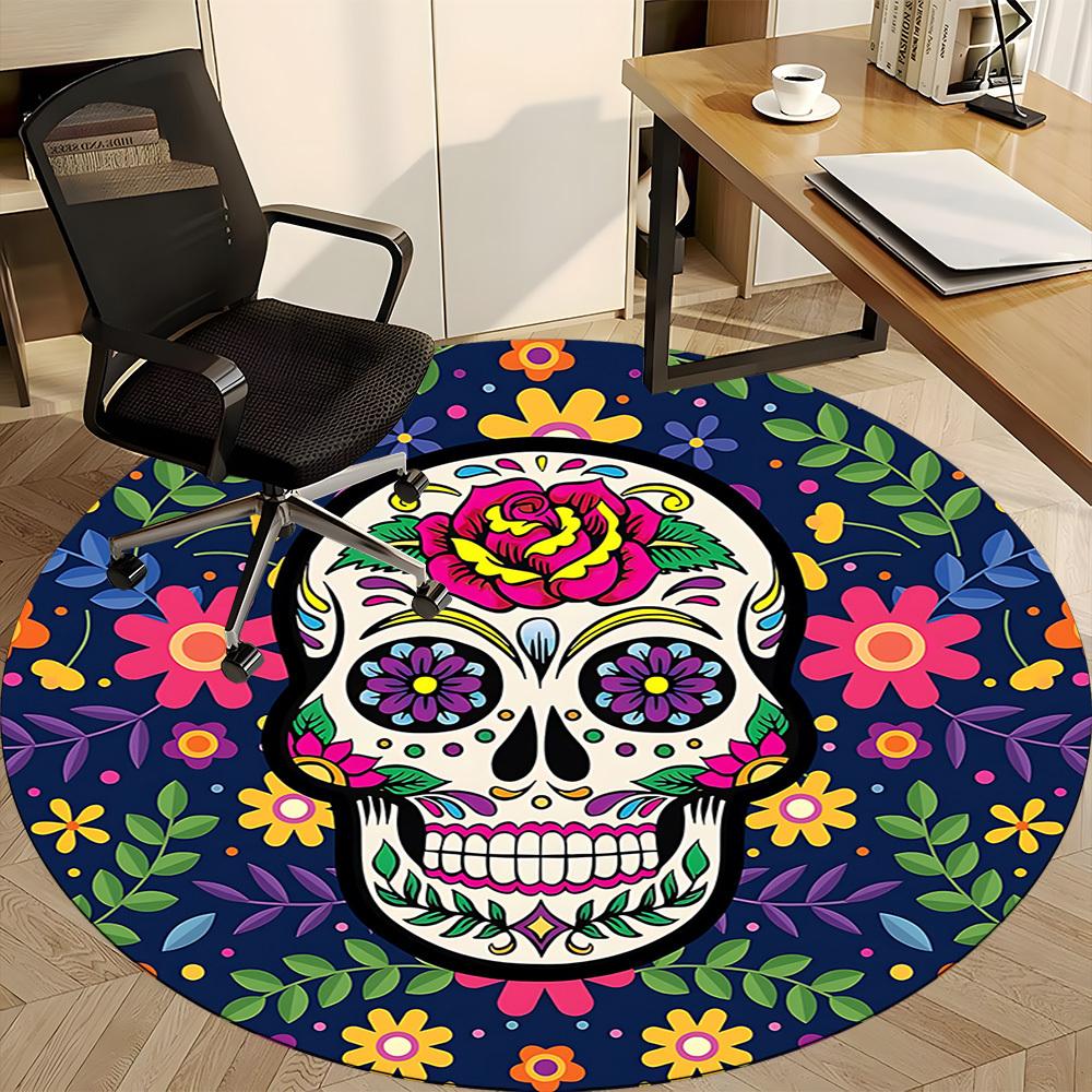 1pc Sugar Skull Decor Carpet, Round Non Slip Durable Large Size Office Carpet, Suitable for Office