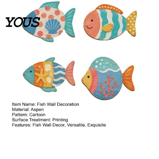 Decorative Wall Hanging Pieces 4PCS Aspen Wood Fish Decor, Colorful Seaside Bathroom Art Art, Beach Theme Plaques for Living Room Vintage Distressed