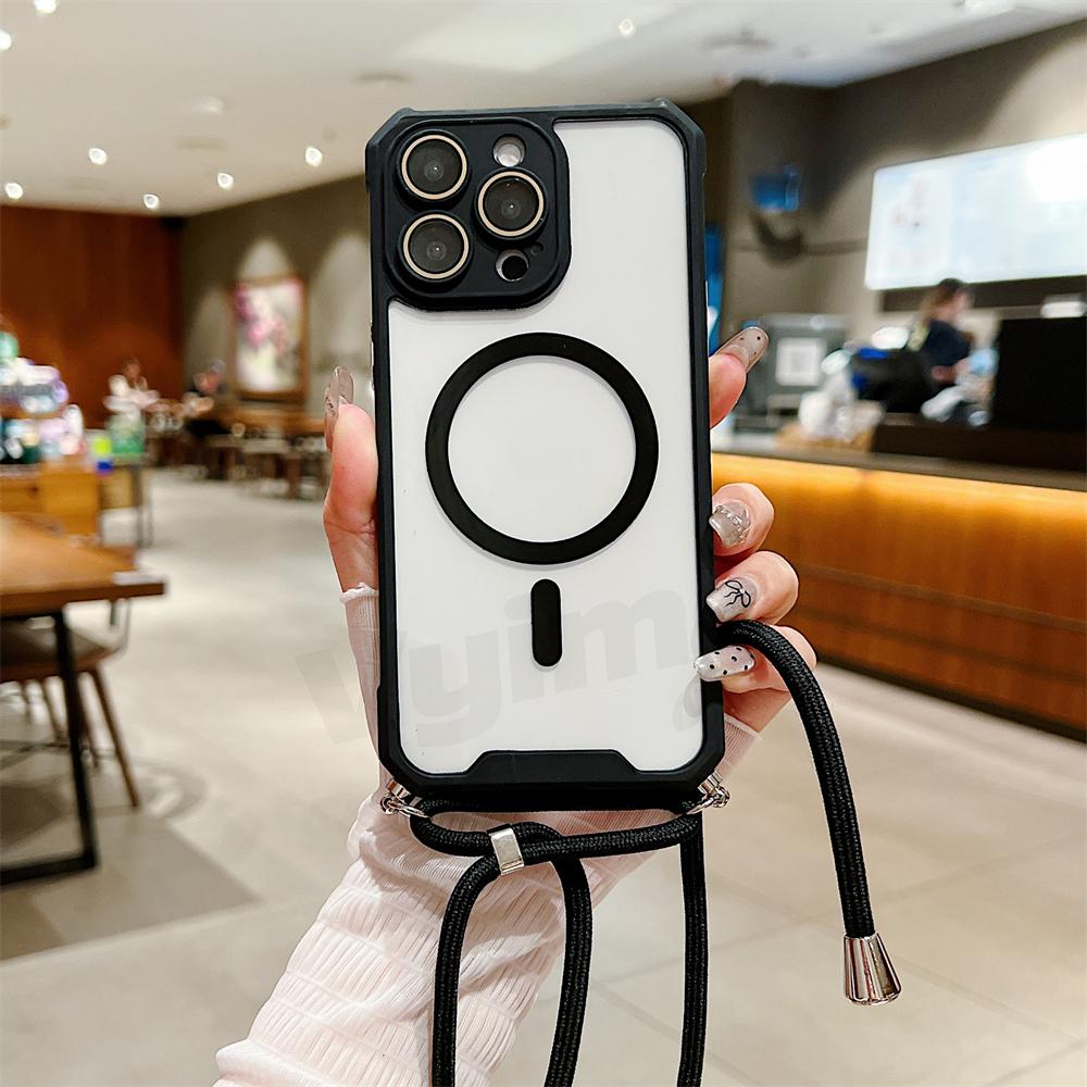 Carcasă de telefon transparentă magnetică cu curea pentru iPhone 15 14 13 12 11 Pro Max Plus pentru Magsafe Crossbody Lanyard Hard Acrylic Cover