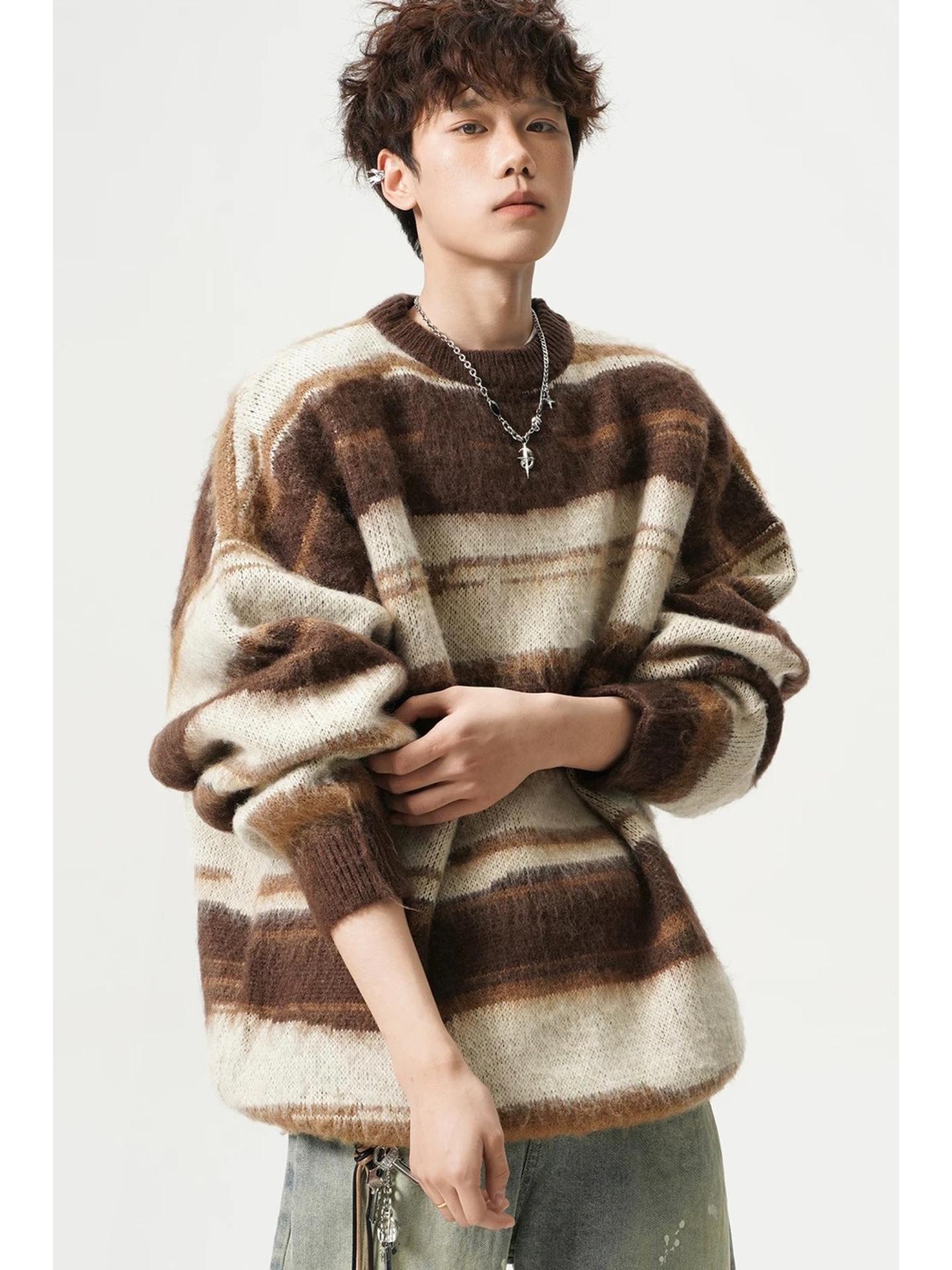 

Men s Mohair Color Block Stripe Sweater - 2025 Autumn/Winter Collection, Round Neck, Loose Fit. XL