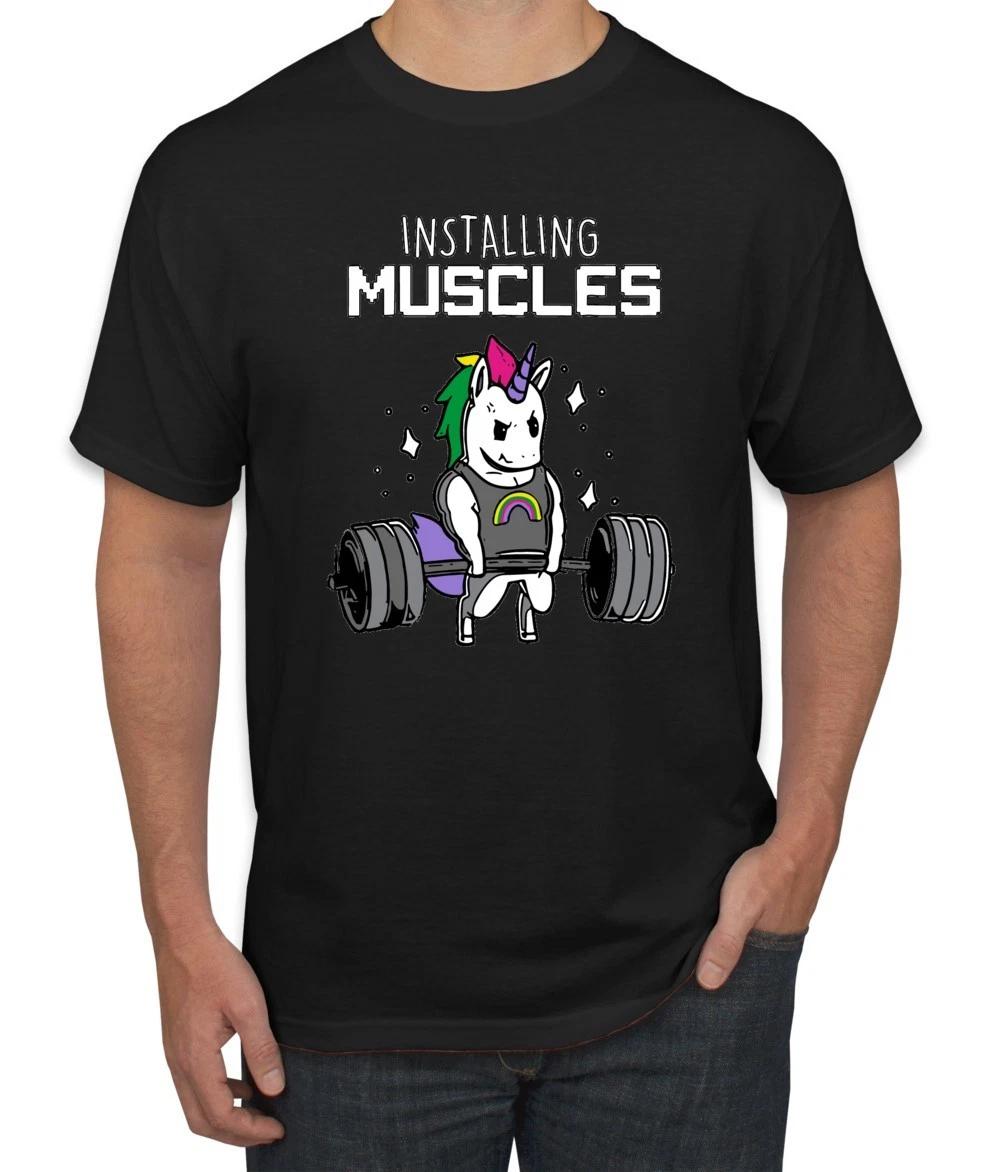 Wild Bobby Installing Muscles Unicorn Rainbow Men Gym Workout T Shirt 2XL