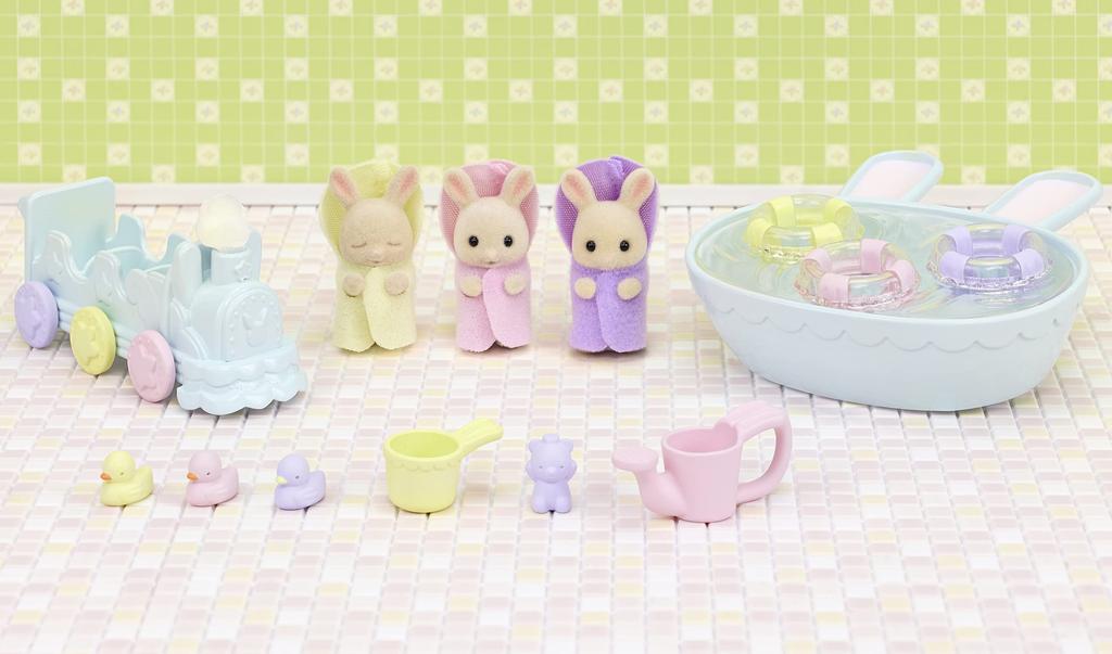 Sylvanian Families Doll and Furniture Set Rabbit Favorite Bath ST Mark Certified Toy Dollhouse for Ages 3 and Sylvanian Epoch [Milk Triplets' Set]