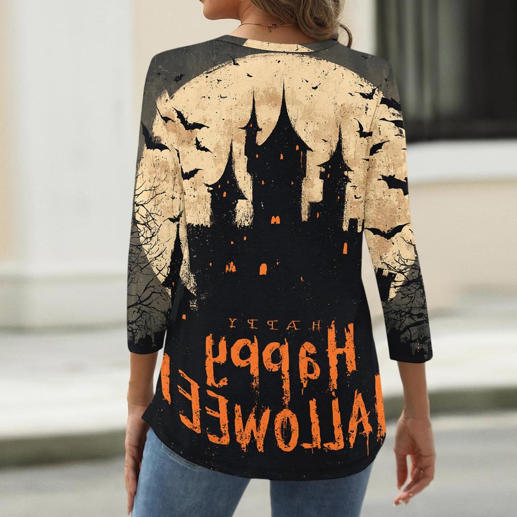 Women's Casual Halloween Print V Neck Button Front Three Quarter Sleeve T Shirt Top Lightweight Soft Fabric Comfortable Fit