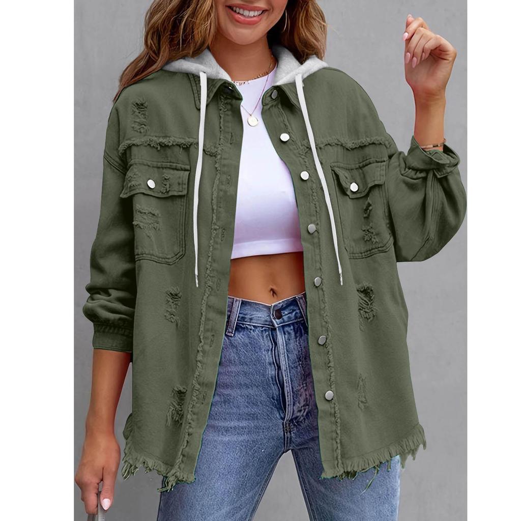 New Denim Hooded Jacket, Women's Solid Color Loose Jacket, Ripped Long-sleeved Women's Denim Shirt