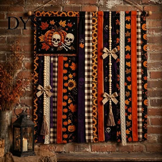 Seasonal Festival Gift Halloween Rag Banner, Orange Black Skull Ghost Pumpkin Hanging Decoration, Rustic Theme Banner Fabric Stripe for Front