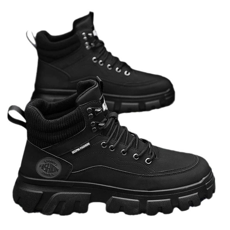 High-top Men's Shoes In Summer Genuine Leather Waterproof Thick Sole Heightened British Style Rhombus Martin Boots Men's Hiking Short Boots
