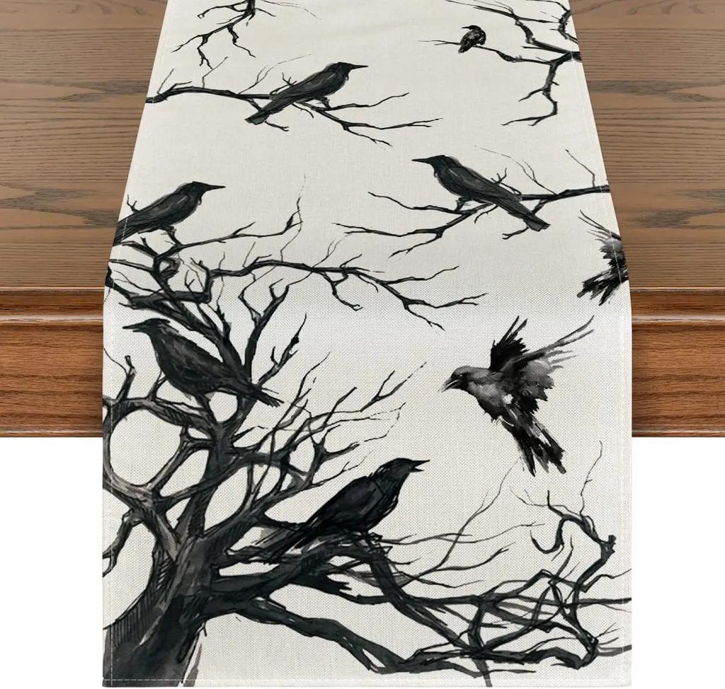 Linen Halloween Table Runner Pumpkin Spider Web Skull Dining Table Decoration Scary Table Cover For Halloween Dinner Party Decor