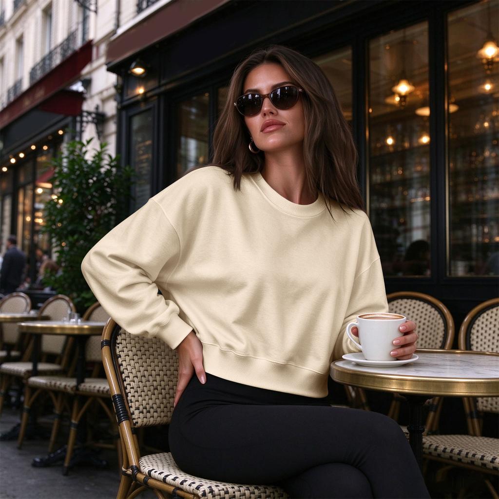 Women's Casual Color Cropped Crewneck Pullover Sweatshirt for Everyday Outfits