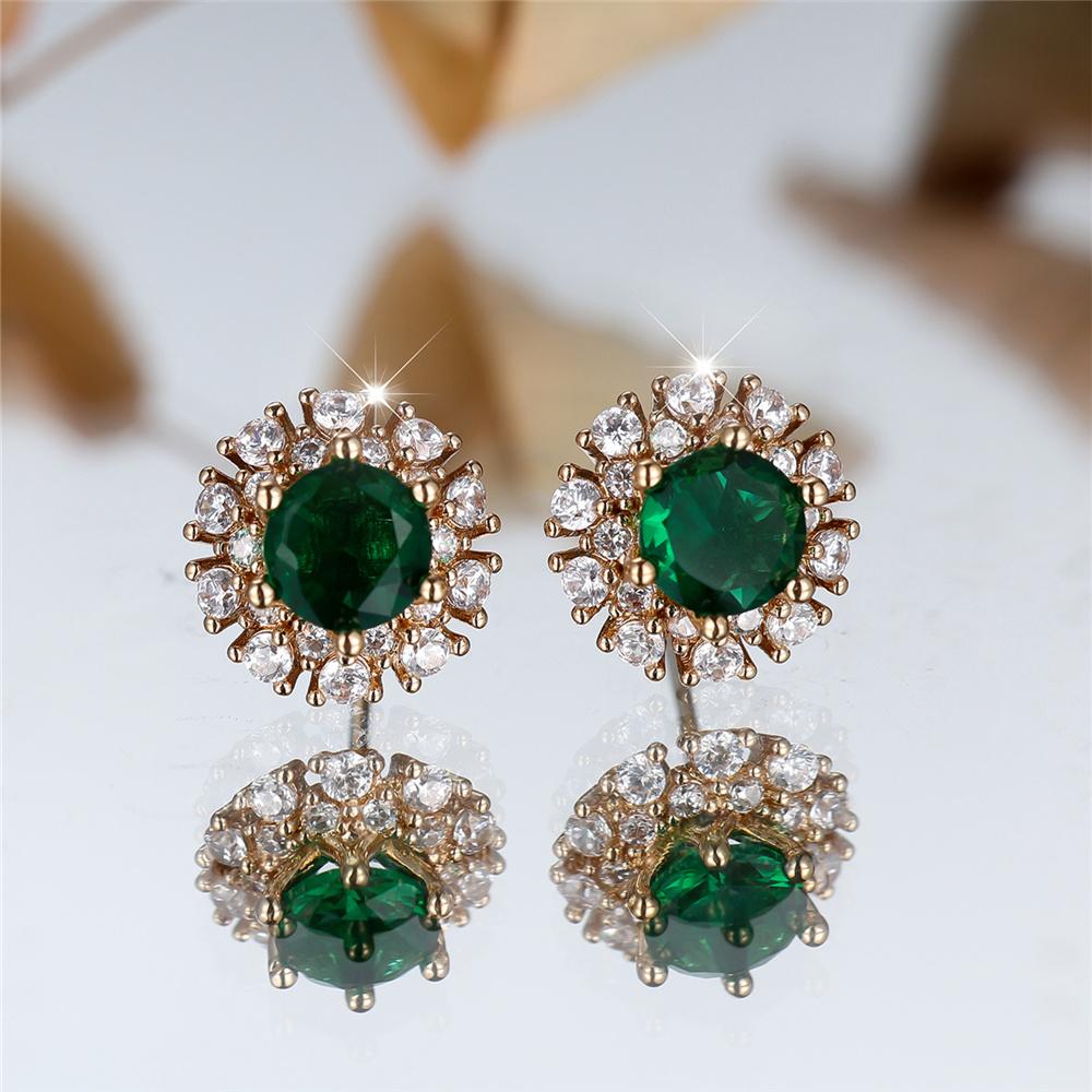 Luxury Female White Green Round Zircon Stone Wedding Jewelry Vintage Gold Color Stud Earrings For Women