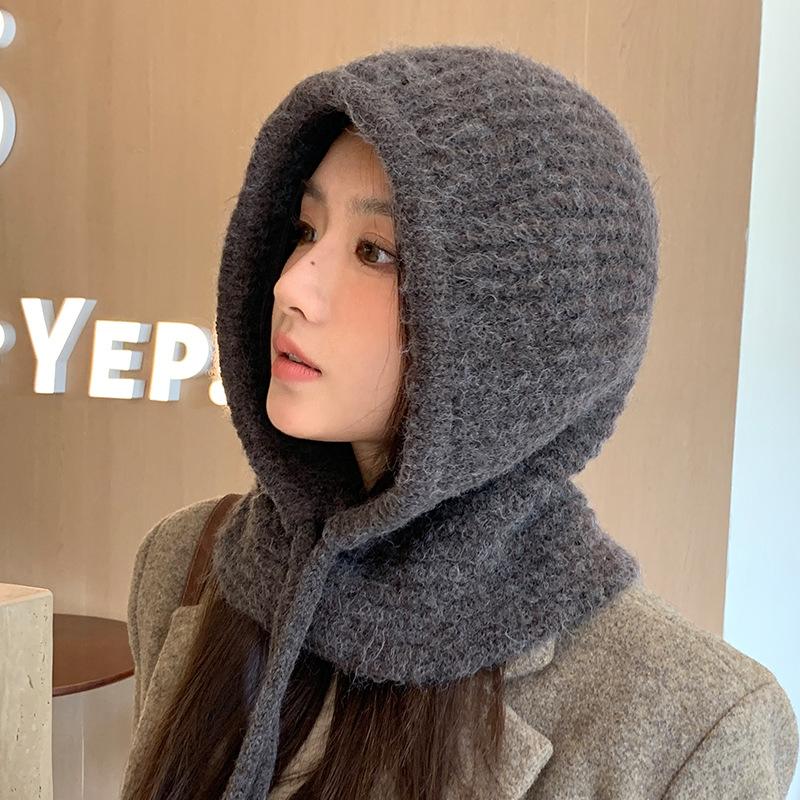 Autumn and Winter Hats for Women  One Piece Big Head Circumference Balaclava Hat Korean Versatile Windproof and Warm Wool Hat