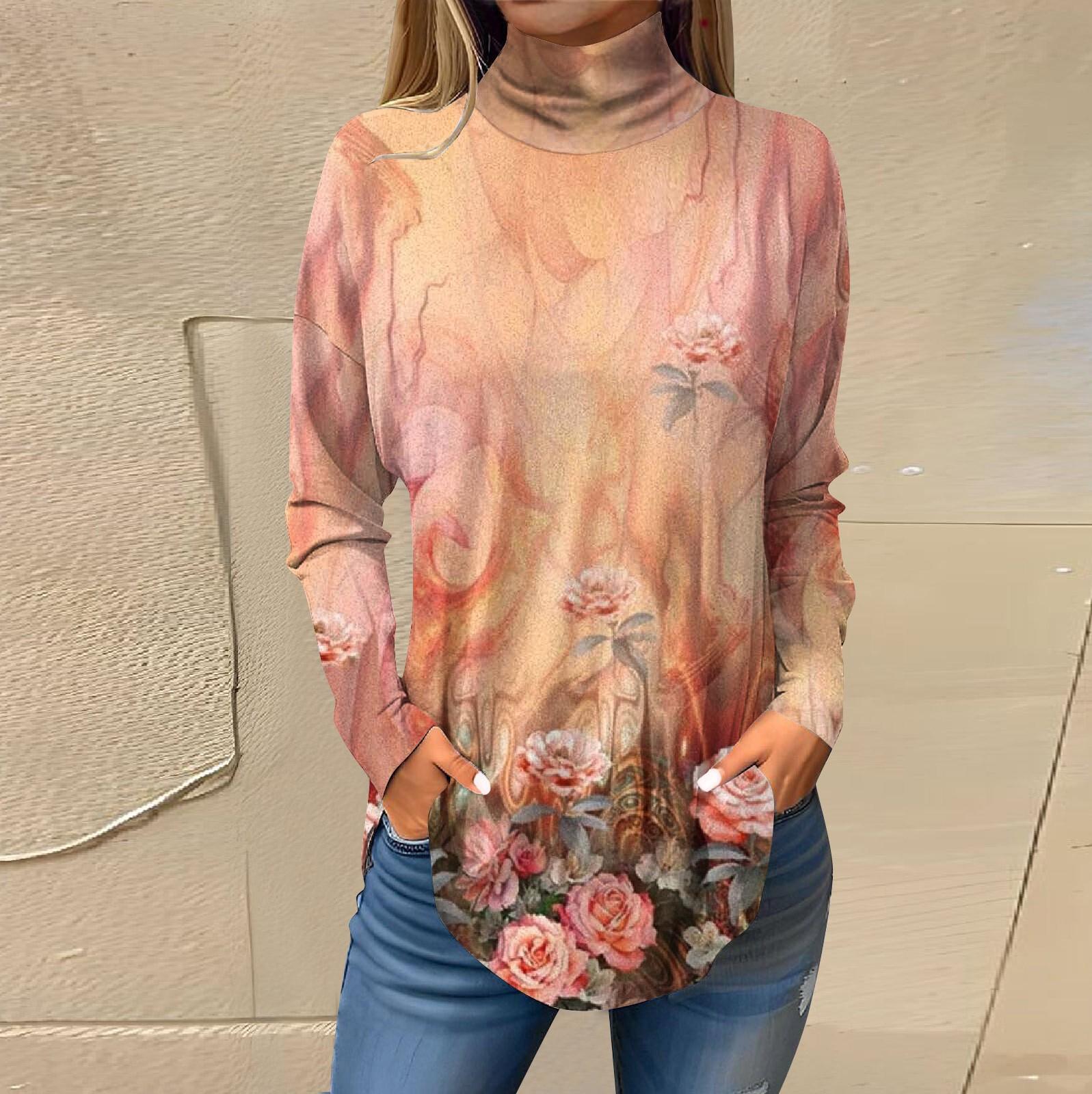 

Футболки для женщин, осенние повседневные рубашки с длинными рукавами, толстовка, однотонный топ с высоким воротом, пуловер XXL оранжевый