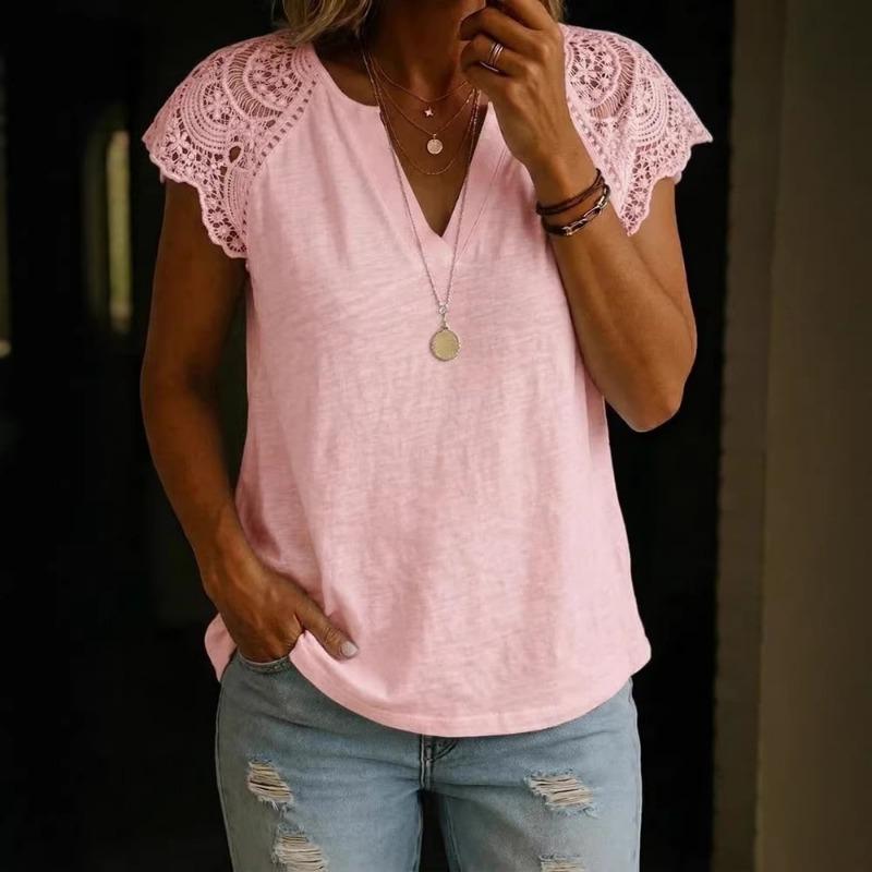 Women V Neck Lace Patchwork Short Sleeve Loose Casual Comfortable Summer New T Shirt Top