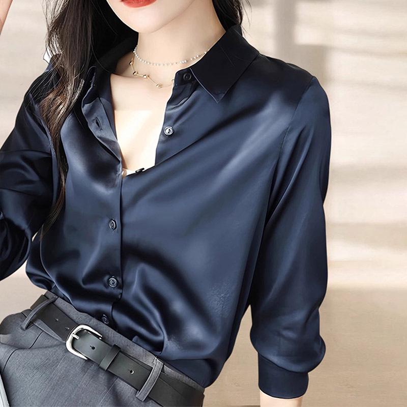 Women's Acetate Satin Long Sleeve Shirt - 2025 Spring & Autumn Petite Collection, French-Inspired High-End Design