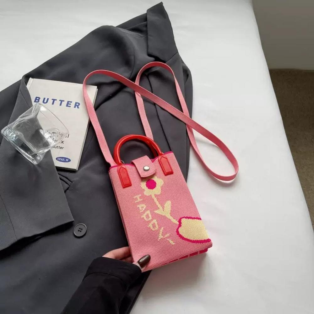 A Spacious Knitted Small Mobile Wallet with a Crossbody Strap, Suitable for Women Traveling with Small Items