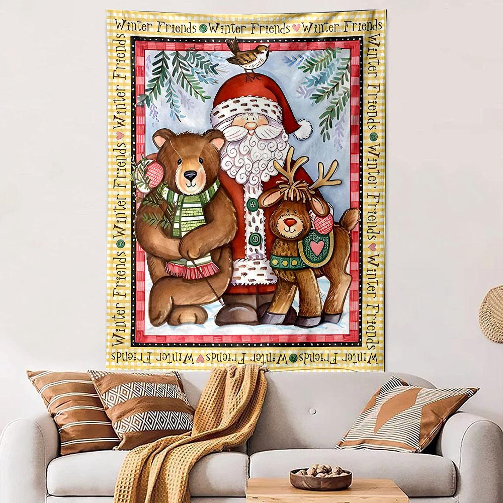 Vintage Wall Tapestry Folk Art Christmas Santa Bear Reindeer Winter Friends Decor for Holiday Living Room Gift