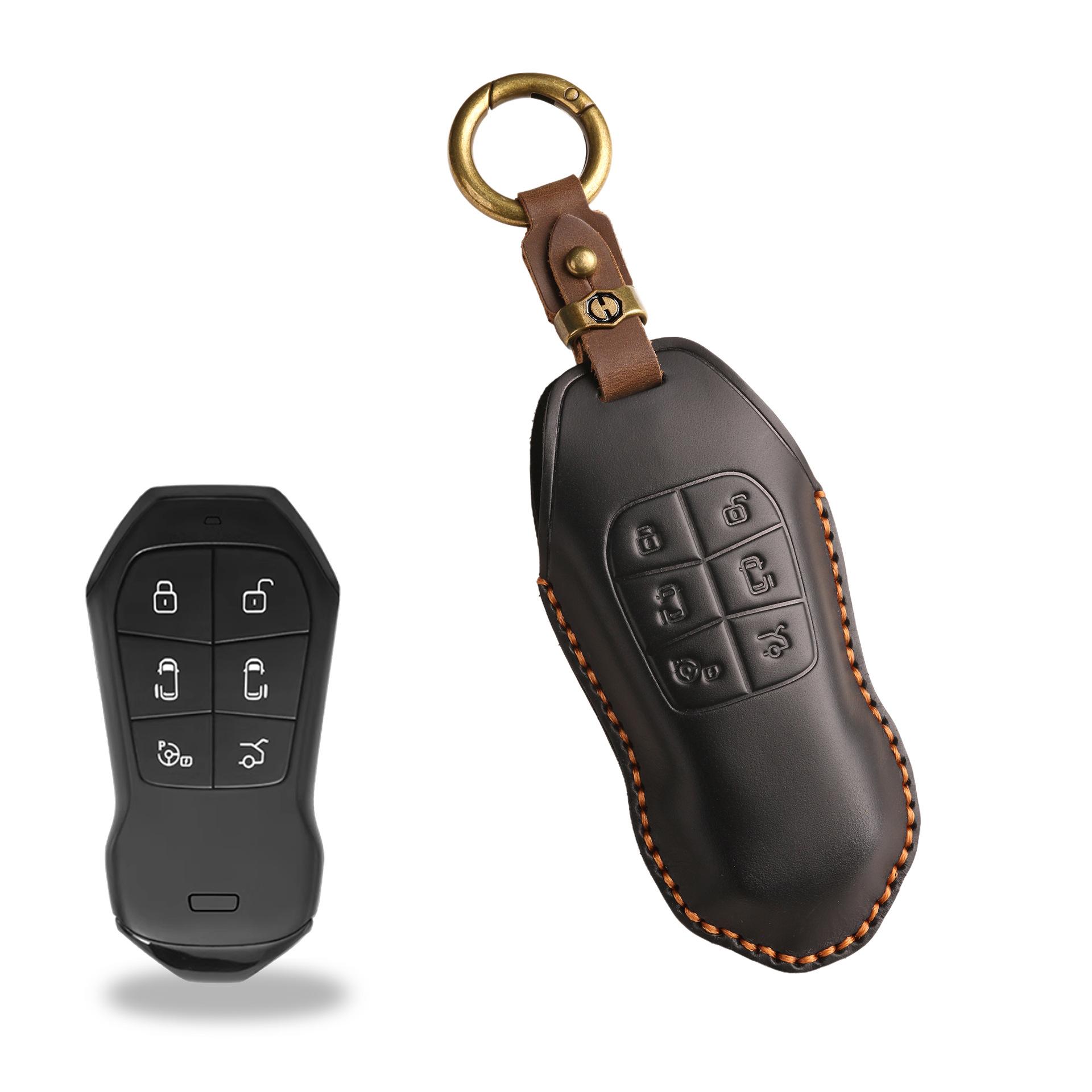 

Ретро чехол для ключа подходит для сумки для ключа Xiaopeng x9, Xiaopeng X9 автомобильный кожаный чехол ручной работы для защиты пульта дистанционного управления с застежкой. чёрный