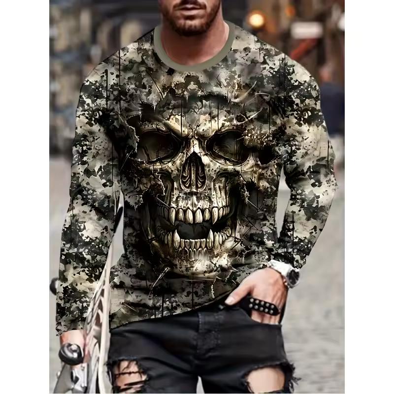 Cute Abstract Monster Pattern T-Shirt For Men Cool Skull 3D Print T Shirts Autumn Casual Loose Round Neck Tops Tees Long Sleeves