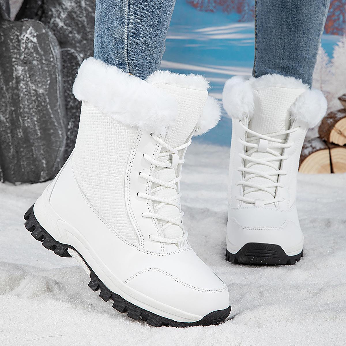 Warm snow boots couple winter velvet thickened leather medium boots waterproof and non-slip outdoor skiing 36