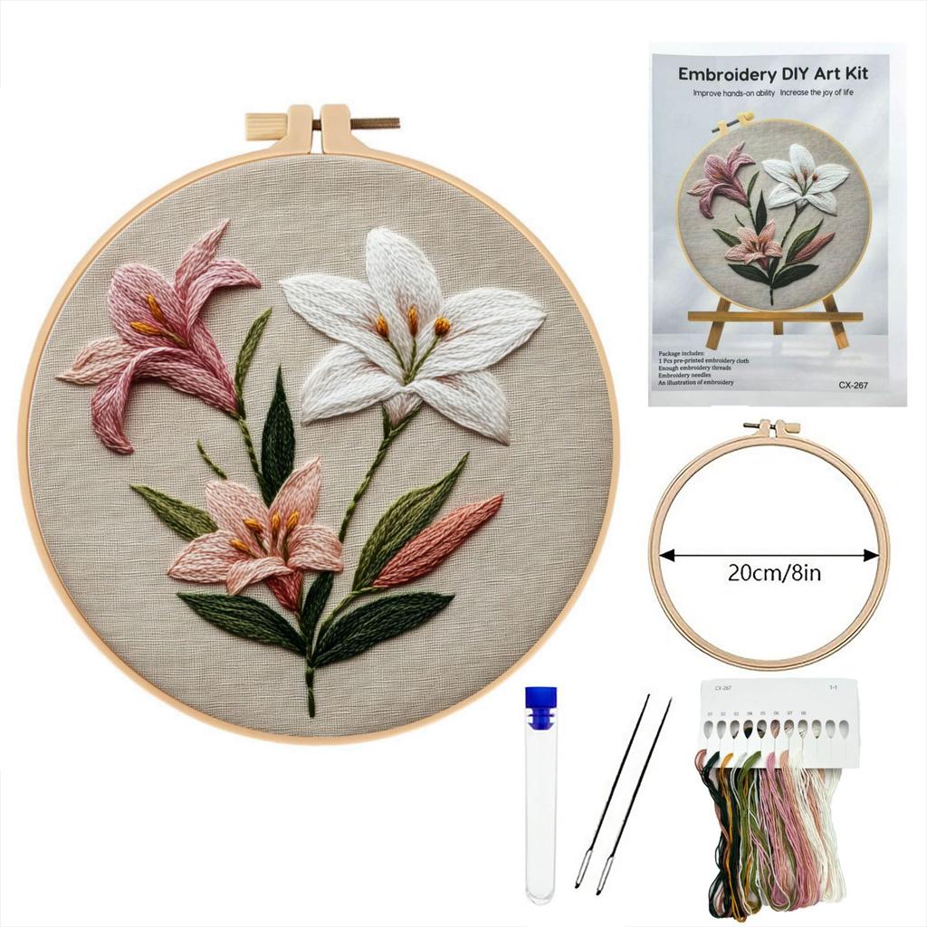 1 set Lily Embroidery Kit - Lily Cross Stitch, a beginner-friendly embroidery material kit with English stitch instructions. DIY embroidery craft kit.