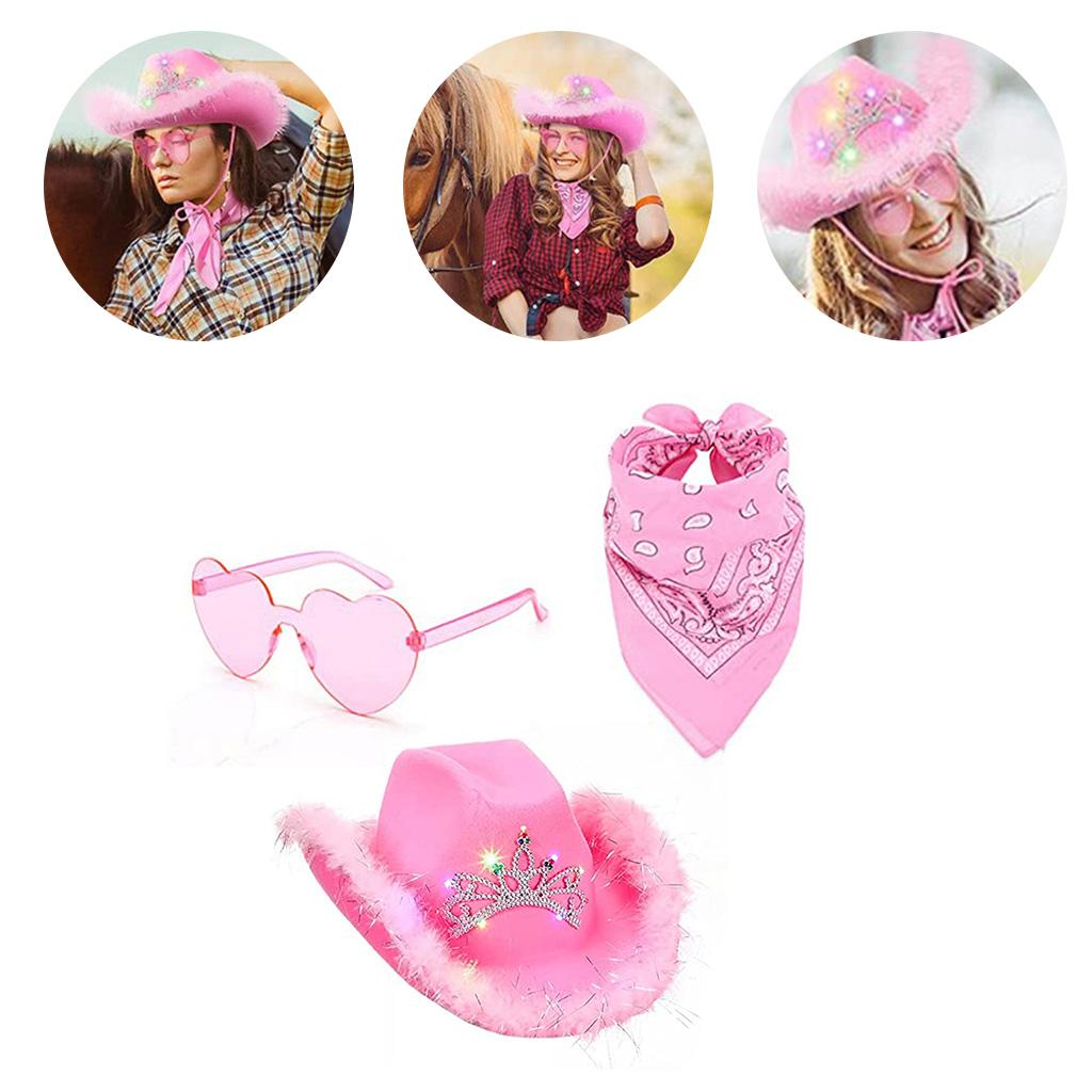 LED Rhinestones Cowboy Costume Set Wide Brim Western Hat Neck Scarf Sunglasses Adult Girl Cosplay Party Accessories 3pcs