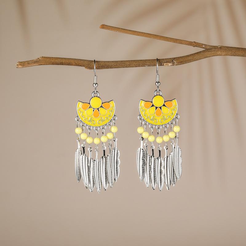 

Fashion Bohemian Enameled Flower Geometric Earrings For Women Vintage Boho Ethnic Metal Leaf Tassel Drop Dangle Earrings Zircon
