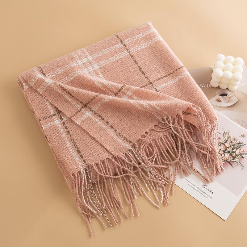 Korean Lady's Sweet Plaid Imitation Cashmere Tassel Scarf for Girls High End Winter Versatile Thickened Scarf