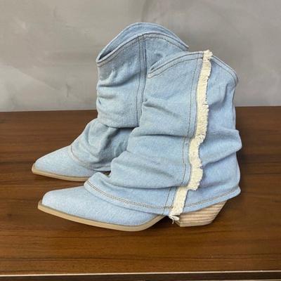 Fashion New Pleated Knee High Denim Boots for Women Autumn Pointed Toe Chunky Heels Cowboy Boots Woman Plus Size Western Jeans Shoes