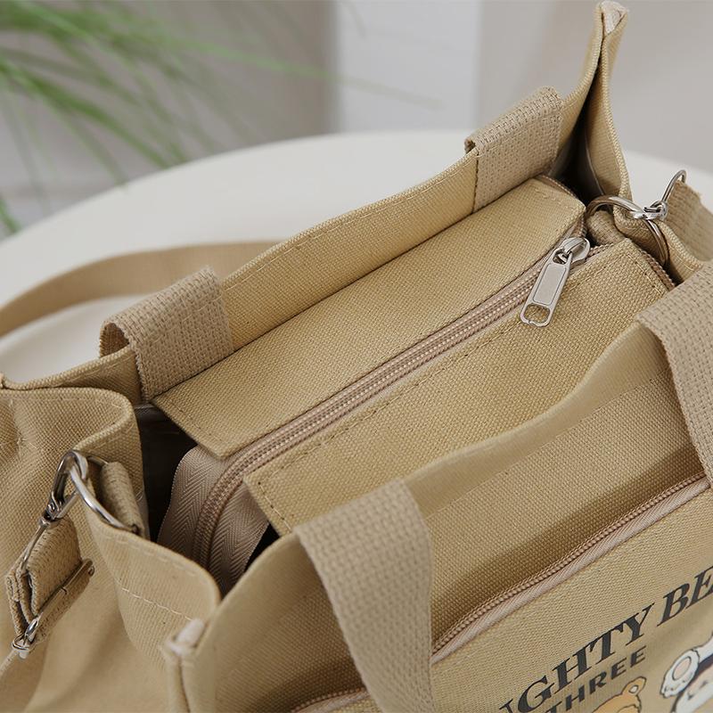 Cartoon Cute Bear Printed Pattern Canvas Tote Food Bag With Adjustable Shoulder Strap Hand Lunch Bag Canvas Bag Bento Bag