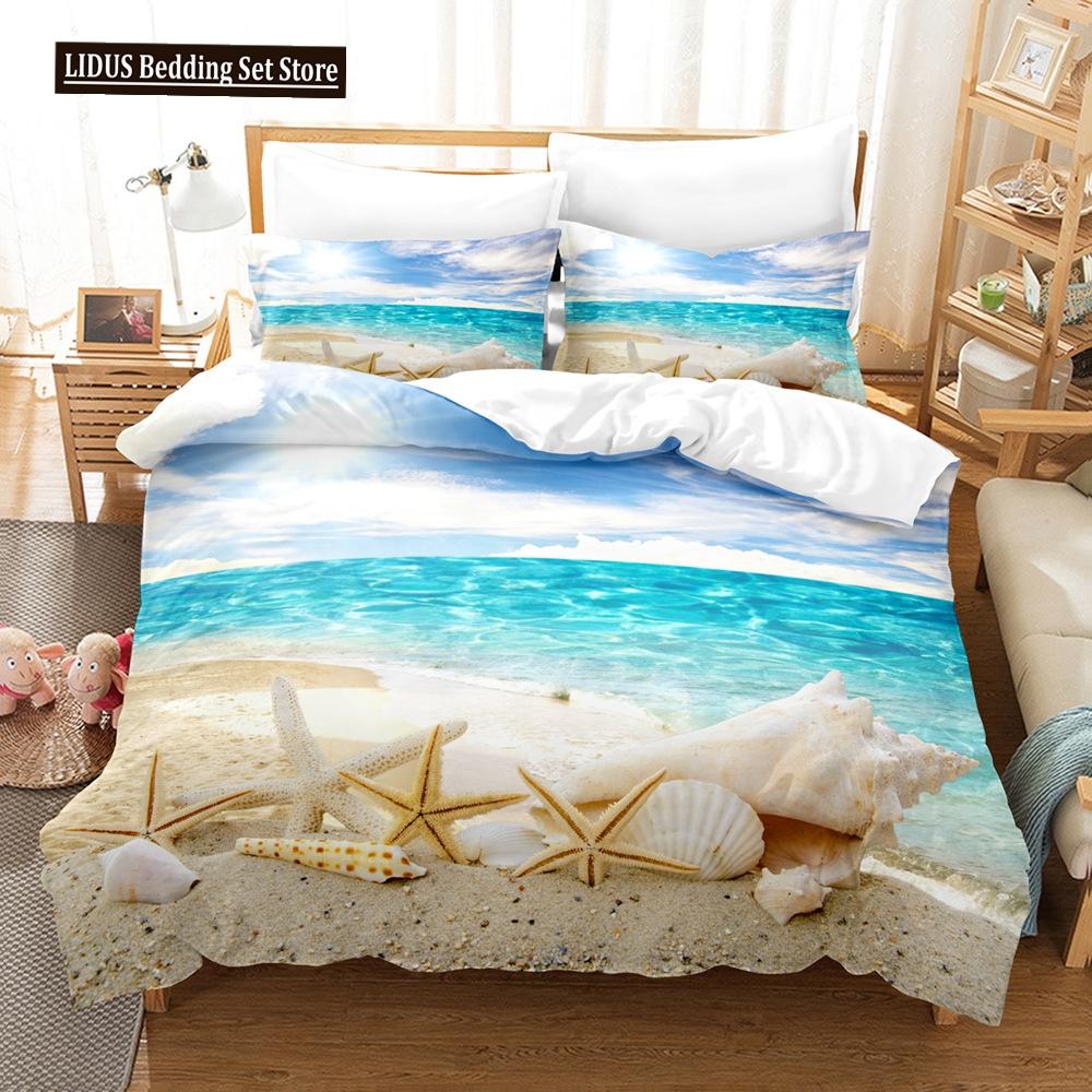 Zestaw Poszwy na Kołdrę Krajobrazowy Rozmiar King Full Letni Palmy Plaża Fale Morskie Motyw Oceaniczny Dla Dzieci Dziewczynka Chłopcy Poliestrowy Zestaw Pościeli