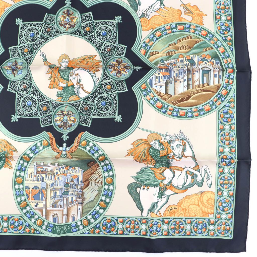 Pristine HERMES Scarf LE TRIOMPHE DU PALADIN Style Card Included Multicolor Silk Used