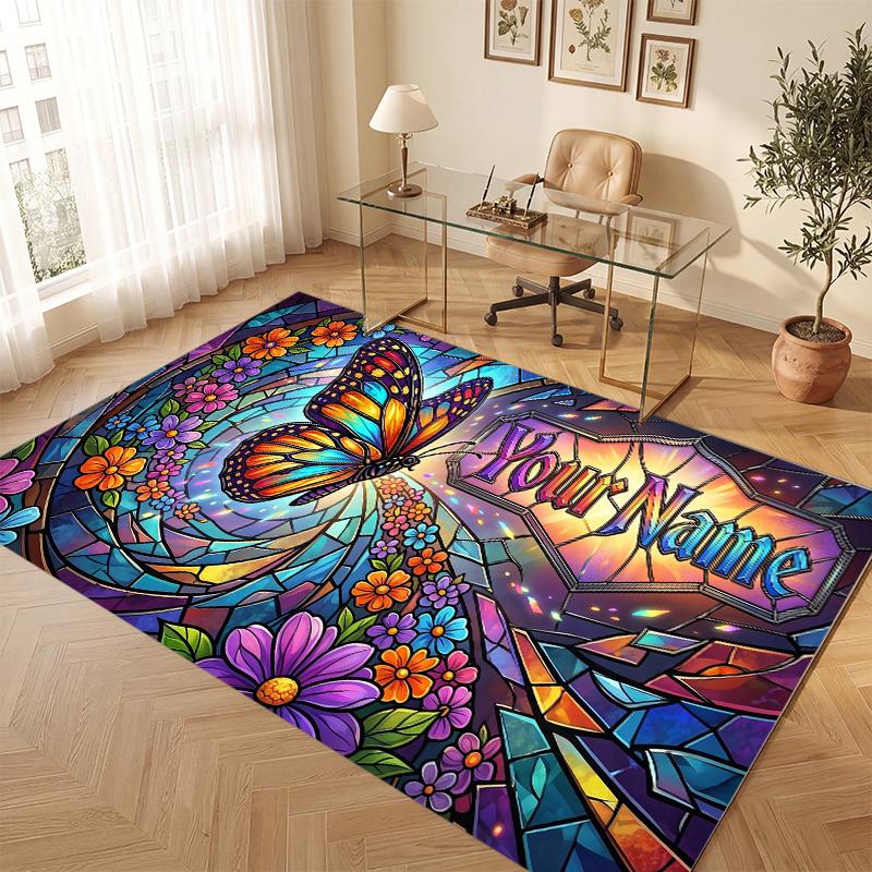 Floral Garden Theme Soft Crystal Velvet Rug Custom Name & Text Print Non Slip Floor Rug for Bedroom Living Room